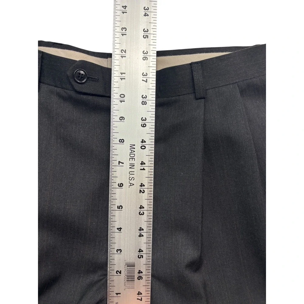 vtg 90s Albert Nipon 38R 30x30 Charcoal Stripe 2pc Pant Suit Wool Pleated Cuffed